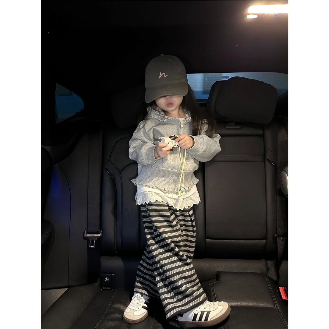 壹妈童装时髦韩版休闲套装女童灰色花边卫衣外套宝宝潮流条纹裤子