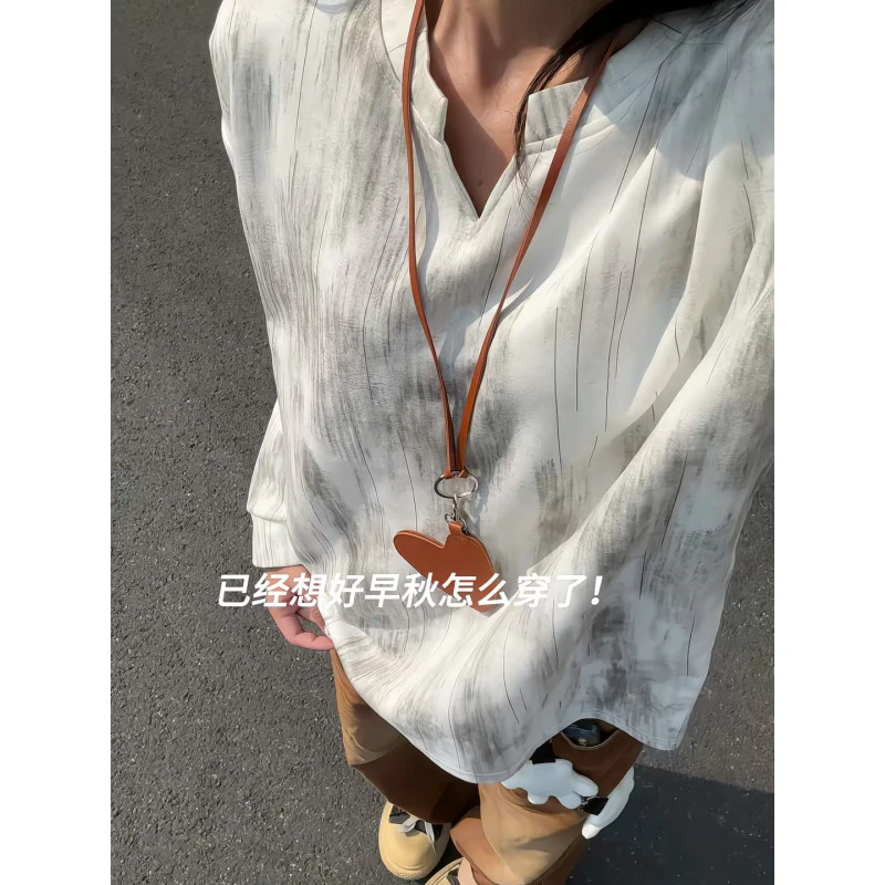 美式街头白色扎染仿麂皮绒V领长袖T恤男女高级感复古情侣套头卫衣