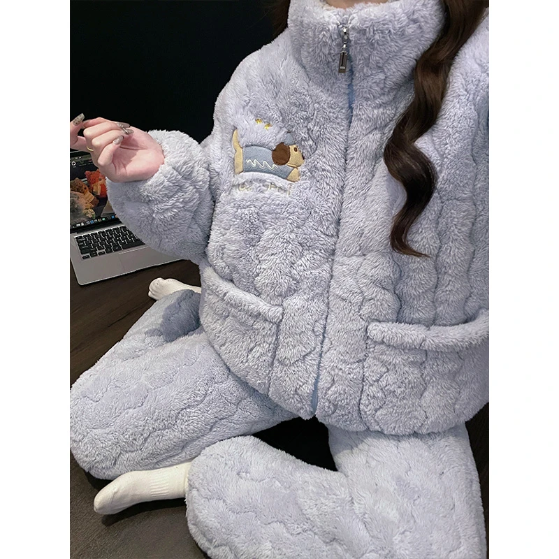 卡通腊肠狗睡衣女款冬季珊瑚绒加绒加厚三层夹棉袄保暖长袖家居服