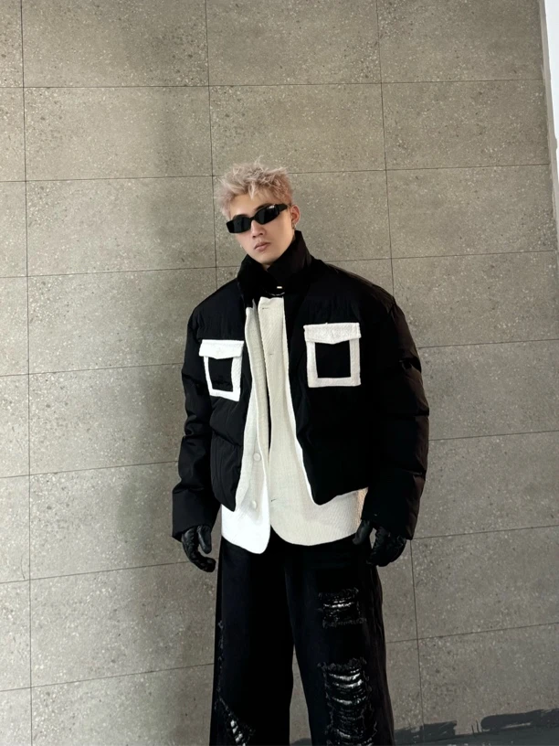 冬装高级感撞色拼接立领棉衣外套时尚潮流加厚小众设计W2788