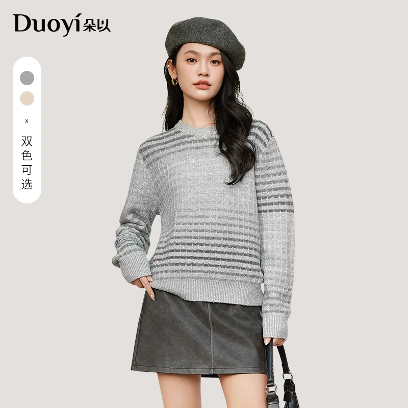 朵以2025冬季新款慵懒风圆领亮丝渐变条纹套头毛针织衫39DD511168