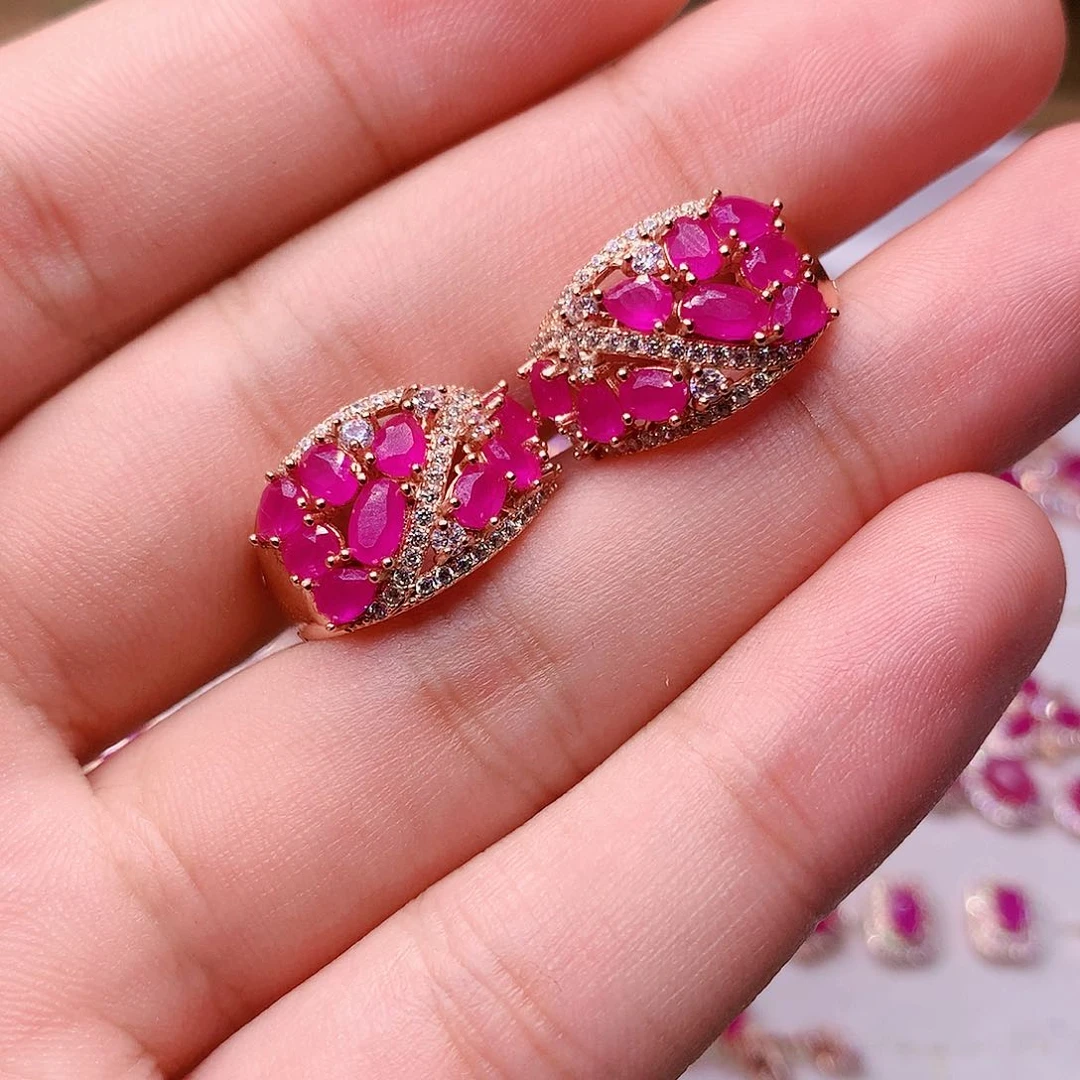 红宝石耳饰银S925镶嵌