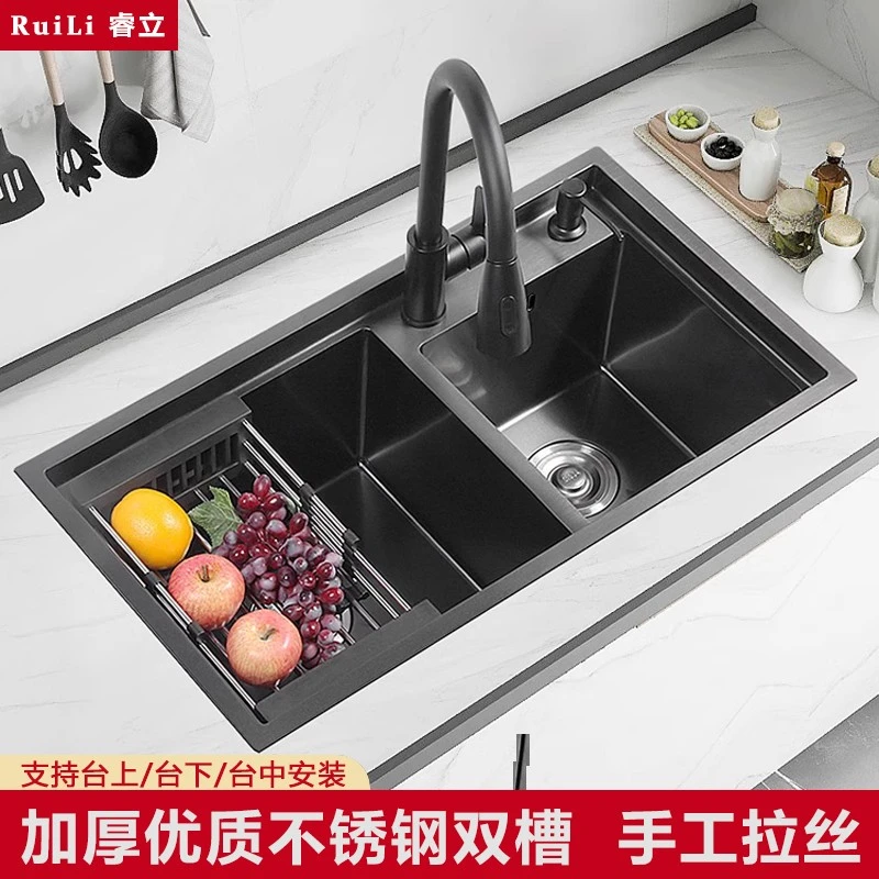 厨房水槽大尺寸双槽台阶304不锈钢家用洗菜盆纳米手工洗碗池