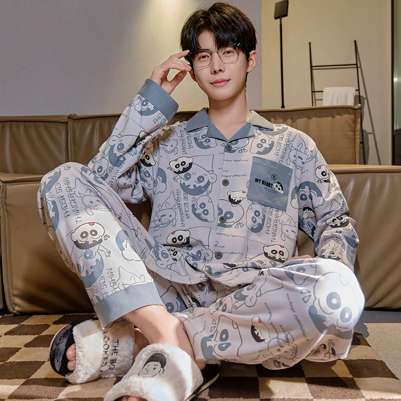 浪漫春天2025年新款睡衣男士春秋季长袖简约卡通青少年家居服套装