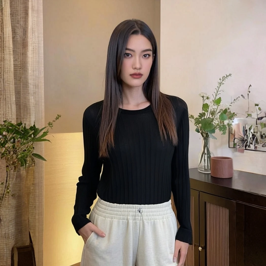 早秋圆领百搭长袖纯色洋气修身显瘦打底衫外穿25083041
