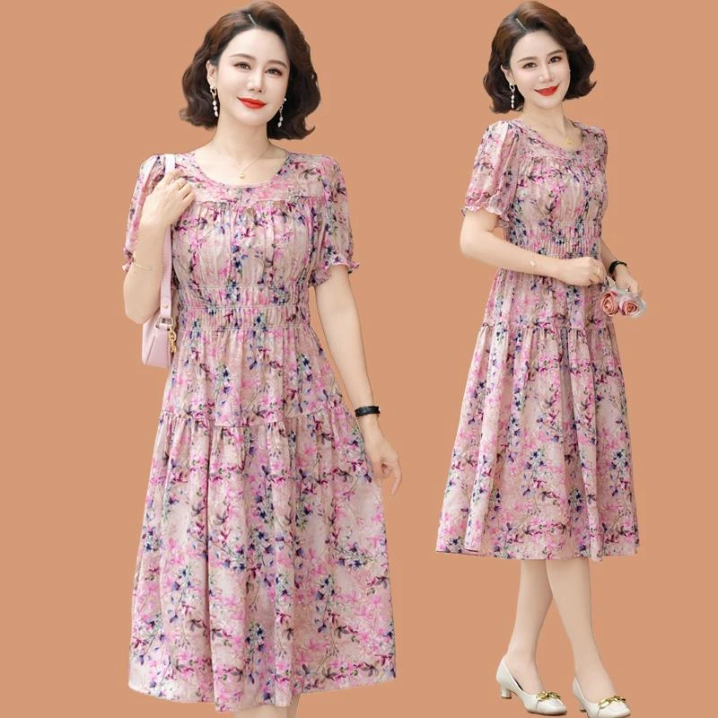彩羊中年妈妈夏装时尚碎花连衣裙新款中老年女雪纺裙夏季短袖弹力