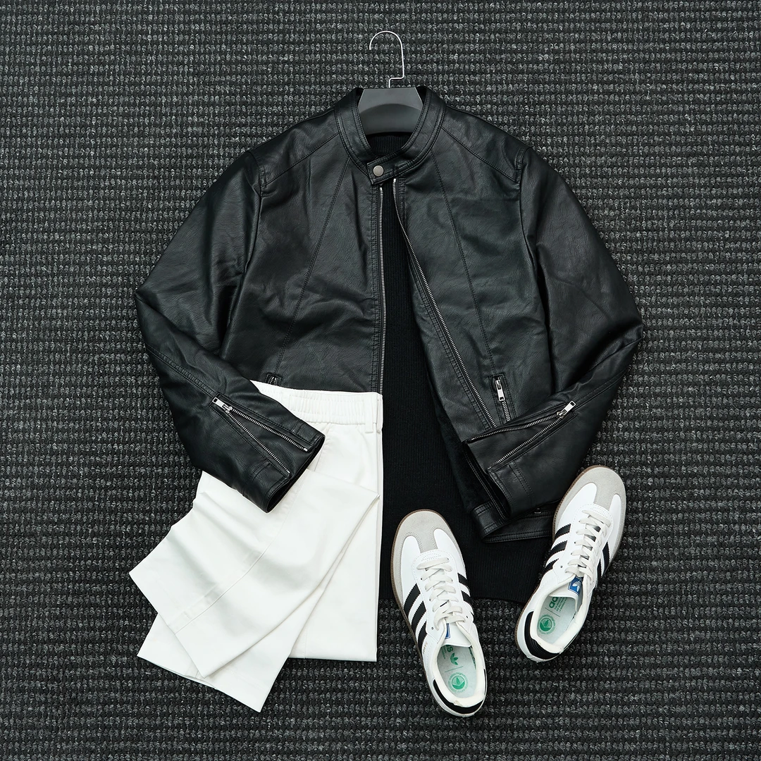 SHENGS冬季保暖加绒美式立领PU软皮衣男士休闲机车服皮夹克外套