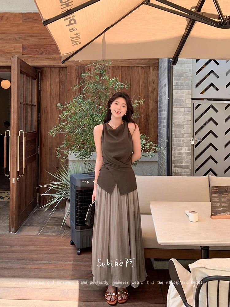 【旷野迷踪】法式气质不规则上衣A字高腰半身裙时尚百搭两件套装女