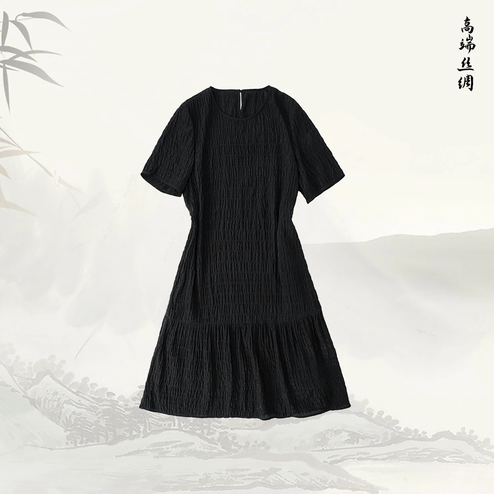 品牌新款桑蚕丝宽松圆领荷叶边短袖连衣裙516200