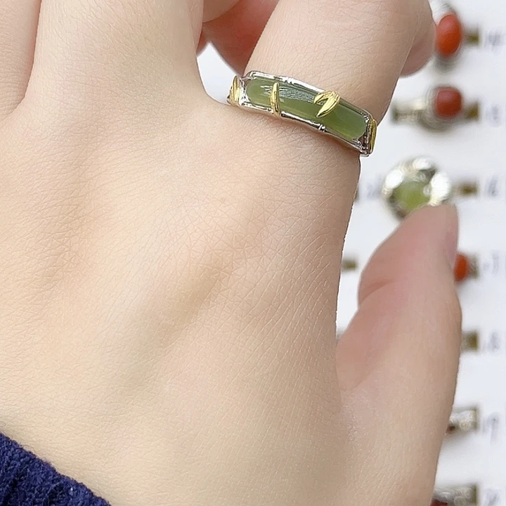 和田玉戒指银S925镶嵌天然