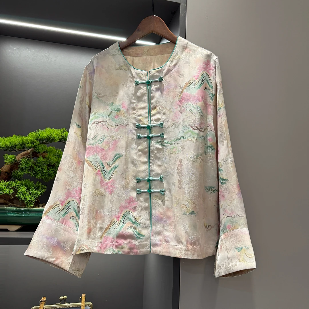 中式开衫复古盘扣传统改良山水花色夏季女装宽松上衣3986