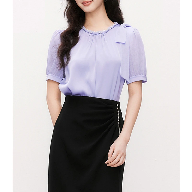 【KD定单】2025年春季新款舒适拼接透气雪纺衫女休闲小衫法式衬衫