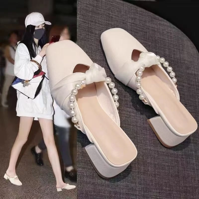 SHOEBOX鞋柜2025珍珠包头半拖女外穿高跟鞋粗跟懒人单鞋夏季配裙