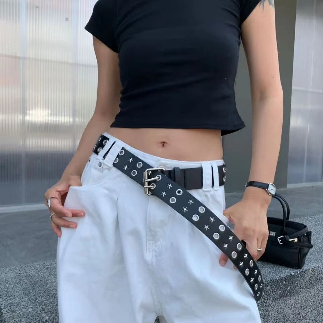 美式嘻哈皮带女新款宽腰带高级感朋克风柳钉黑色