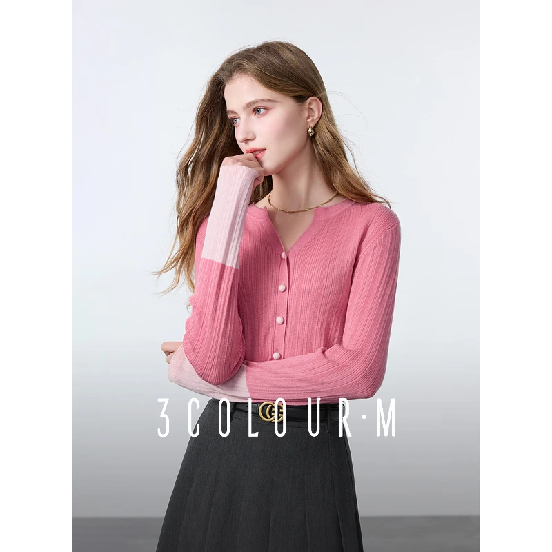 三彩2025春季新款V领单排扣绵羊毛针织衫开衫显瘦修身长袖上衣女M