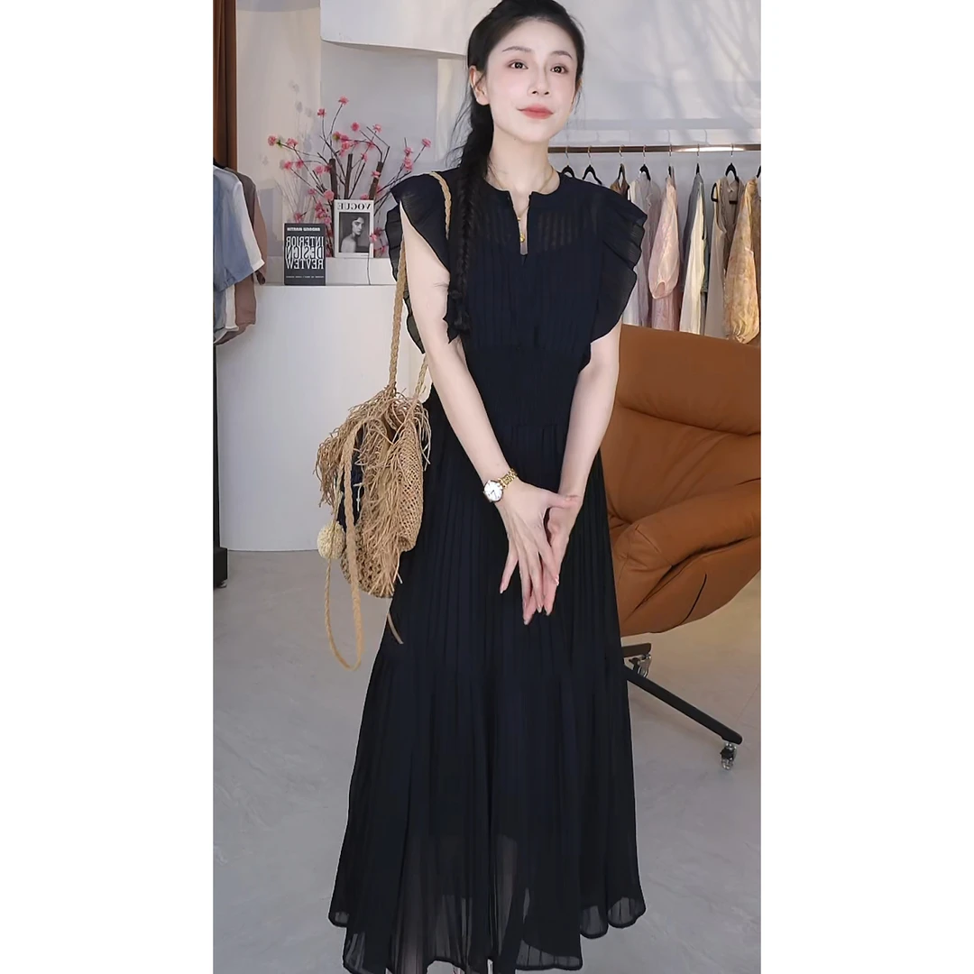 【小美专属】法式甜美风杏色小飞袖收腰显瘦夏季气质长裙连衣裙