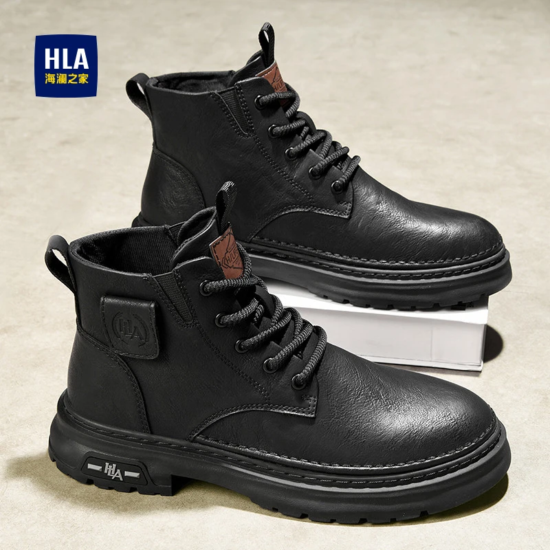 海澜之家马丁靴男鞋冬季加绒棉鞋户外登山靴黑色高帮厚底工装潮鞋