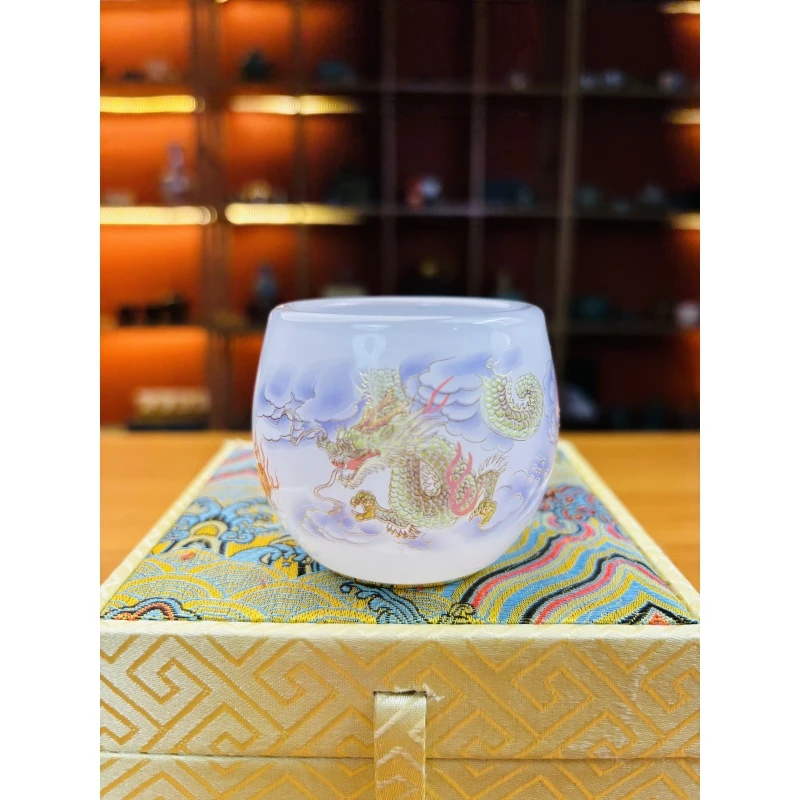 正品《龙腾盛世》白琉璃主人杯夜光杯/容量70毫升/配礼品袋