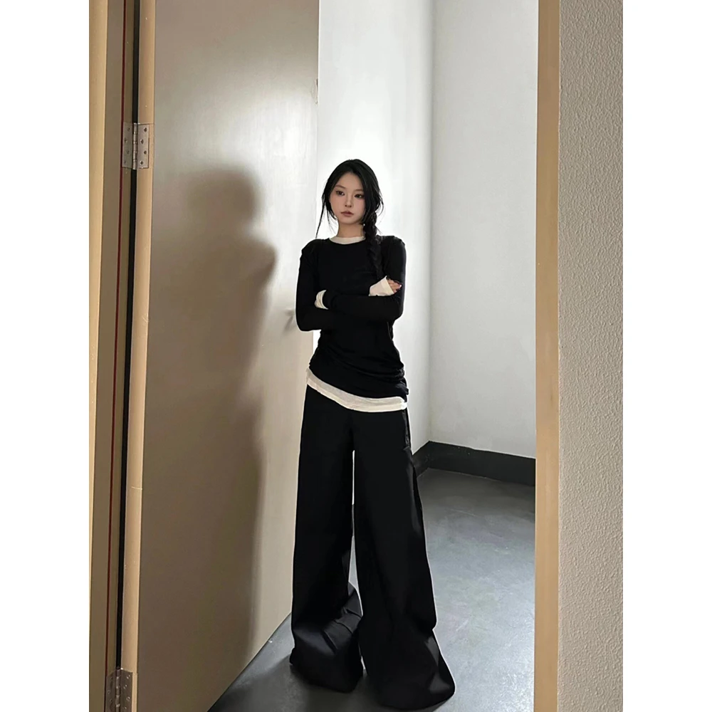 黑色假两件长袖内搭T恤女早初秋季新款辣妹修身显瘦打底衫上衣T恤