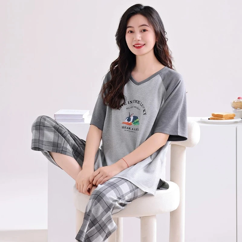 胸垫版睡衣女夏款纯棉短袖七分裤可外穿家居服套装（胡萝卜兔子）