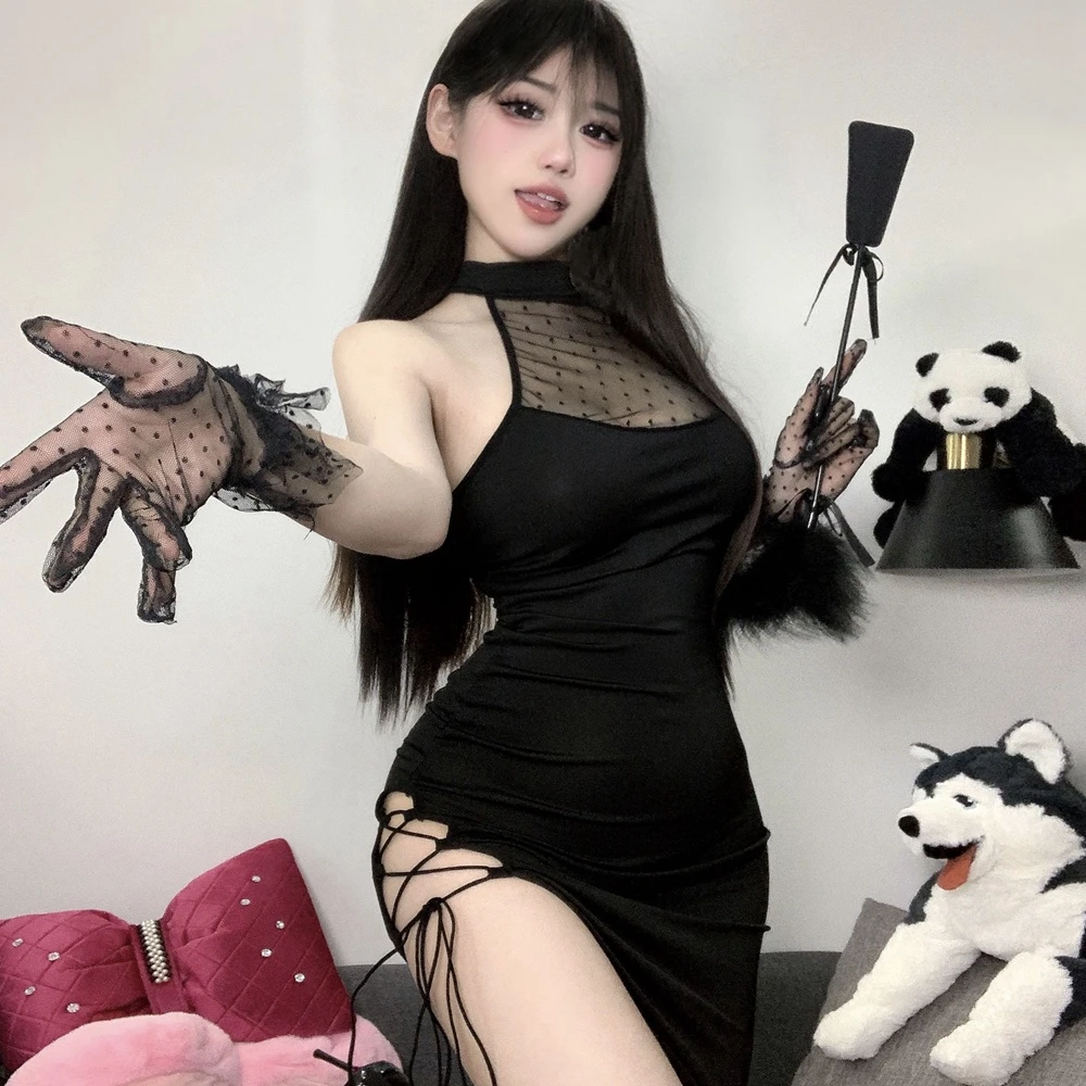 连衣裙女夏蕾丝波点开叉系带挂脖显瘦复古旗袍短裙