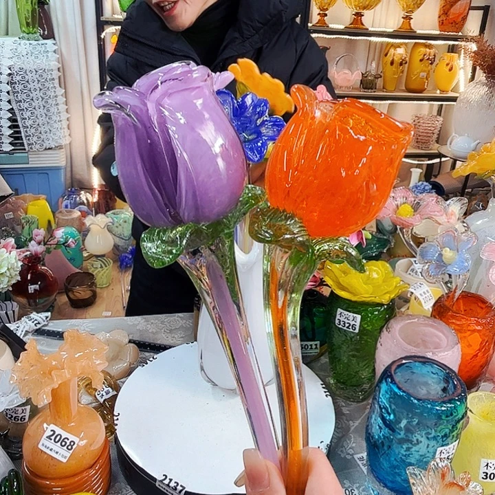 2朵郁金香瑕疵家悦美居琉璃摆件