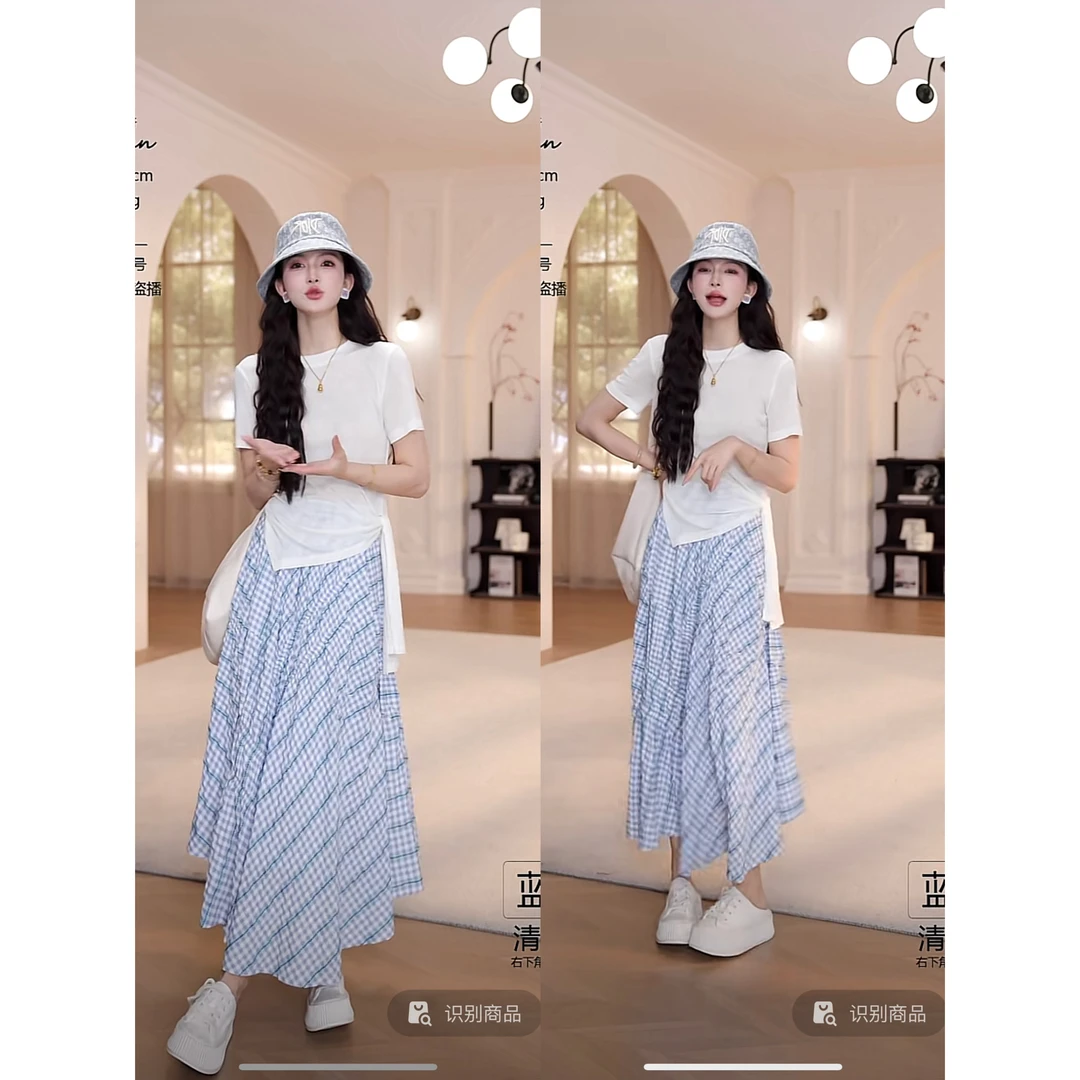 溪溪靓衫夏季新款纯色圆领系带短袖T恤+拉链斜纹不规则格子裙套装