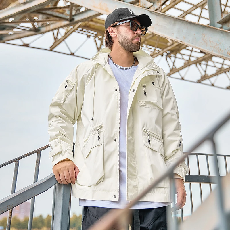 纺布者潮牌山系户外机能冲锋衣新款工装多口袋宽松连帽夹克外套男