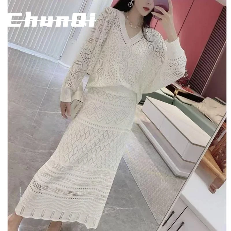 淳启慵懒风V领勾花镂空针织衫半身裙套装两件套春夏长袖网眼罩衫