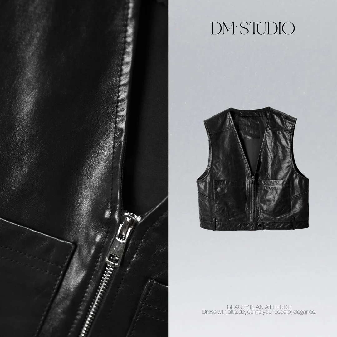 DEDM•STUDIO/气质复古静奢V领酷帅风油蜡绵羊皮马甲2507MJ/1873