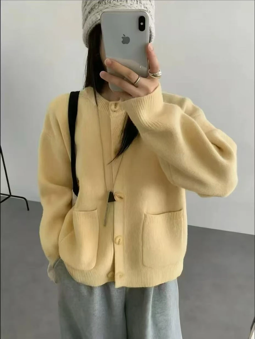 慵懒风单排扣针织毛衣开衫外套2025秋冬加厚宽松口袋圆领开衫上衣