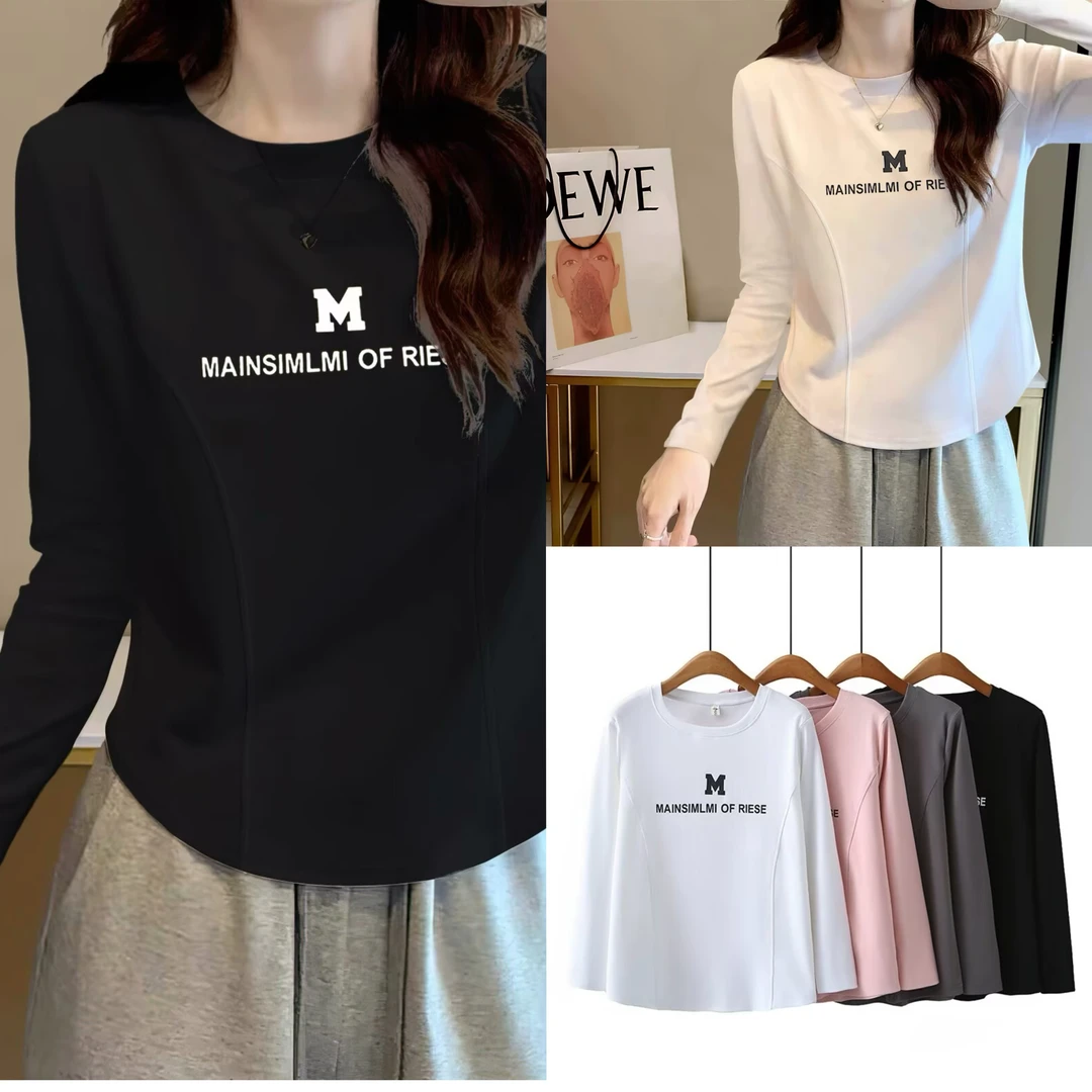 透气长袖T恤大码女装新款韩版休闲显瘦印花修身打底衫圆领春秋