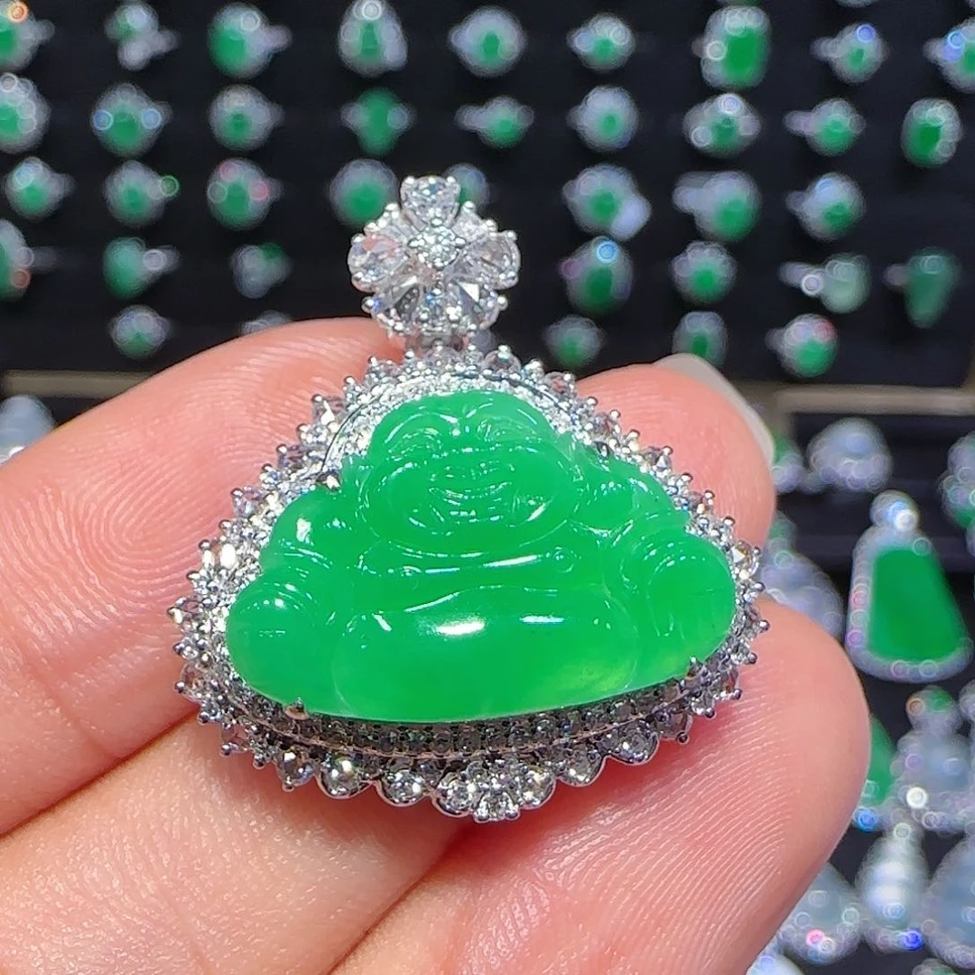 翡翠吊坠(不含链)18K金镶嵌佛公