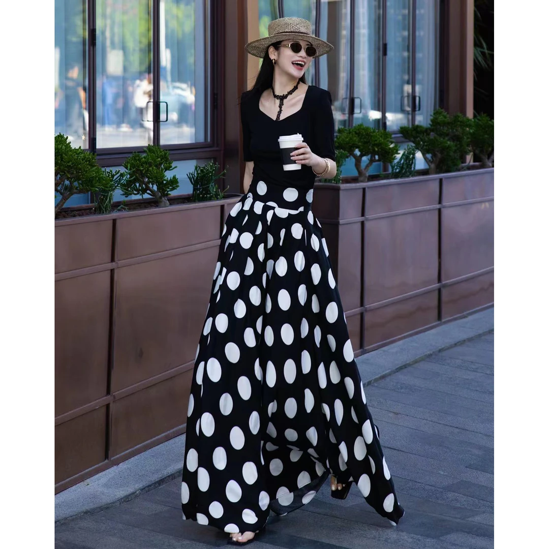 ZEROYK夏季时尚套装赫本风T恤波点印花高腰大摆长裙气质两件套