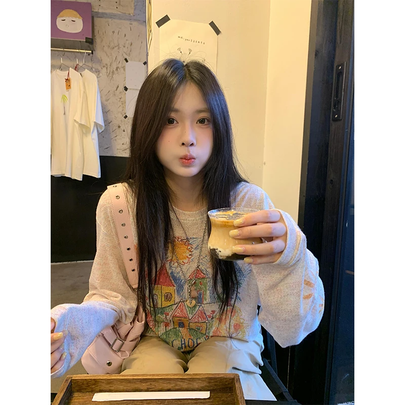 慵懒风涂鸦印花宽松薄款长袖T恤上衣防晒罩衫直筒宽松休闲阔腿裤