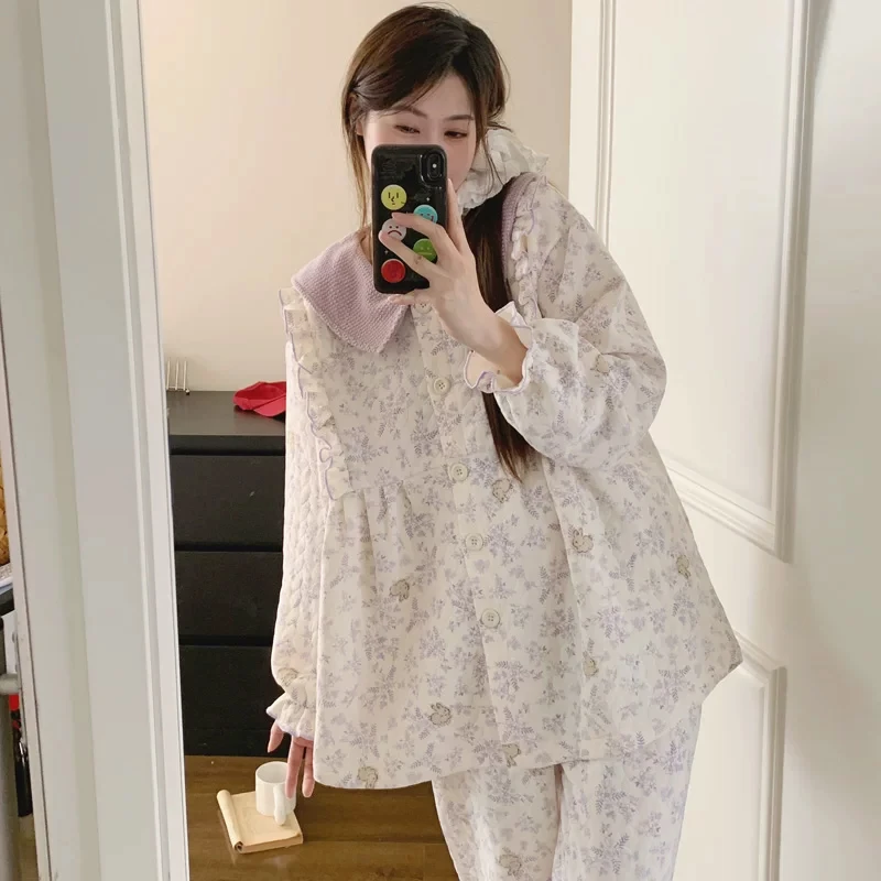 冬季保暖月子服产后空气棉喂奶加厚哺乳睡衣女孕妇产妇秋冬天套装