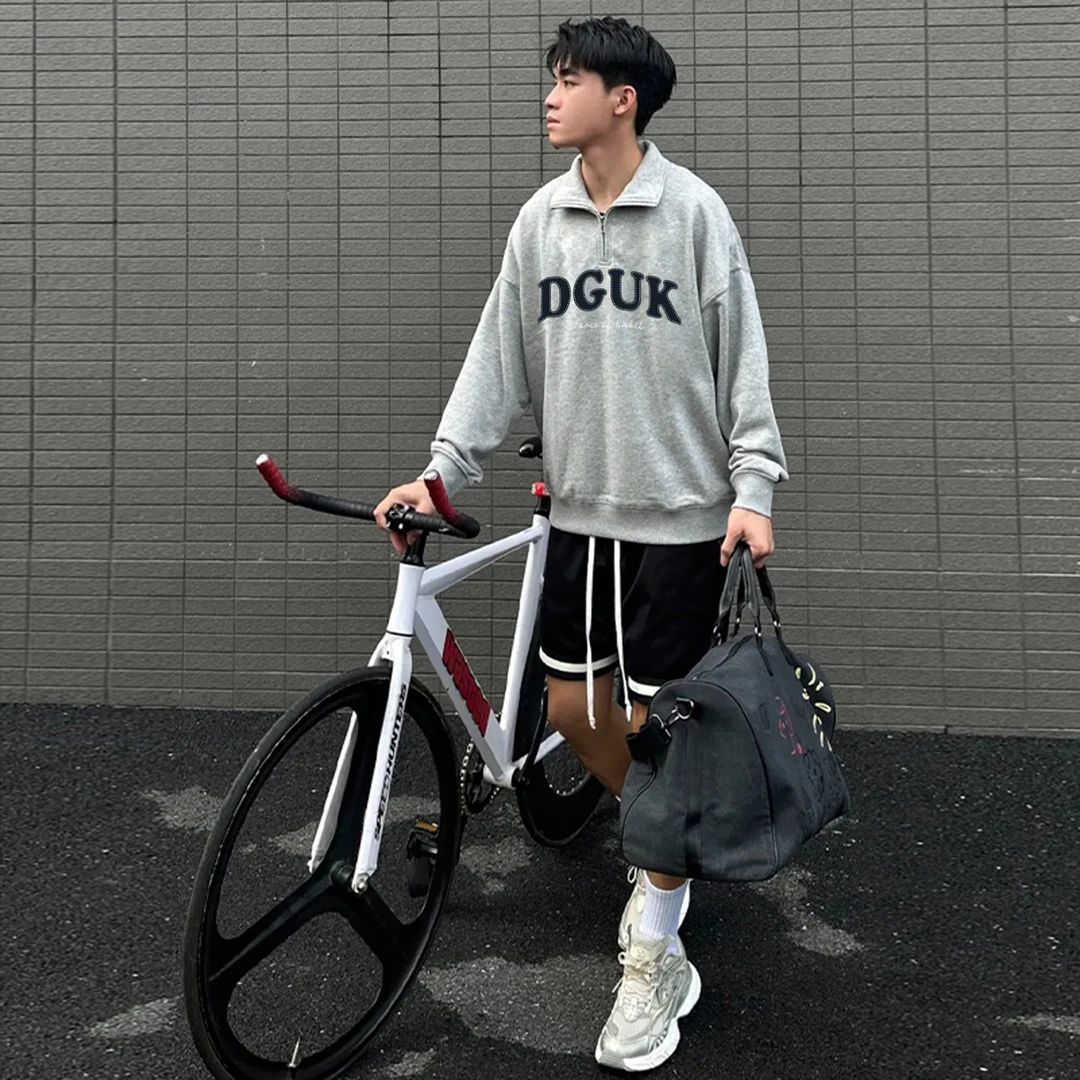 美式个性简约字母印花立领半拉链卫衣男女秋冬季宽松休闲套头上衣