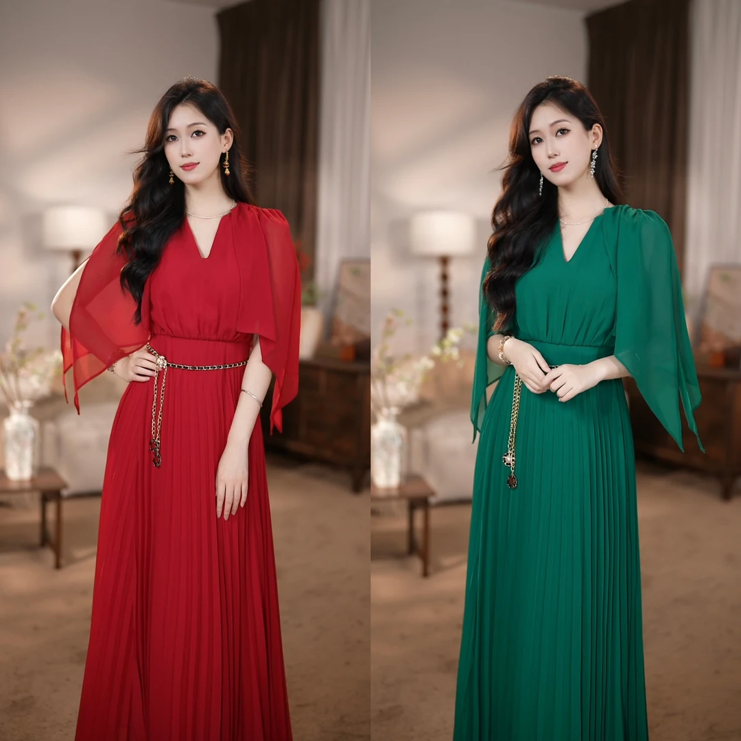 【安安】落日森林 法式轻奢希腊风压褶小众高腰连衣裙-HZ80012