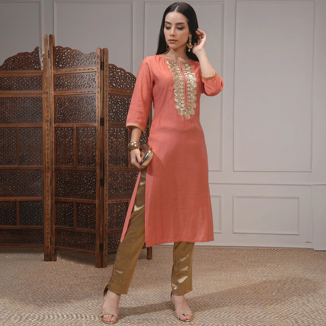 Vis印度女装刺绣宽松中长款圆领橘色棉绸上衣服饰印度舞蹈薄款