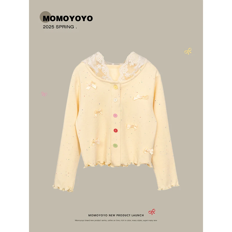 辰辰妈【奶黄包】女童彩织童趣彩点蕾丝帽T恤潮流儿童上衣7913X