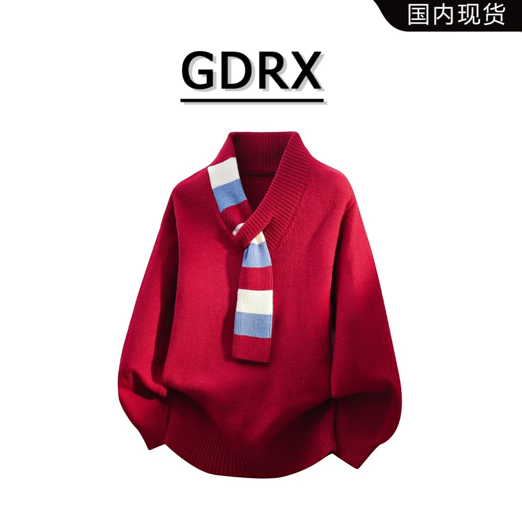 GDRX潮流设计师轻奢风男装毛衣2025冬季保暖新款围巾领针织衫上衣