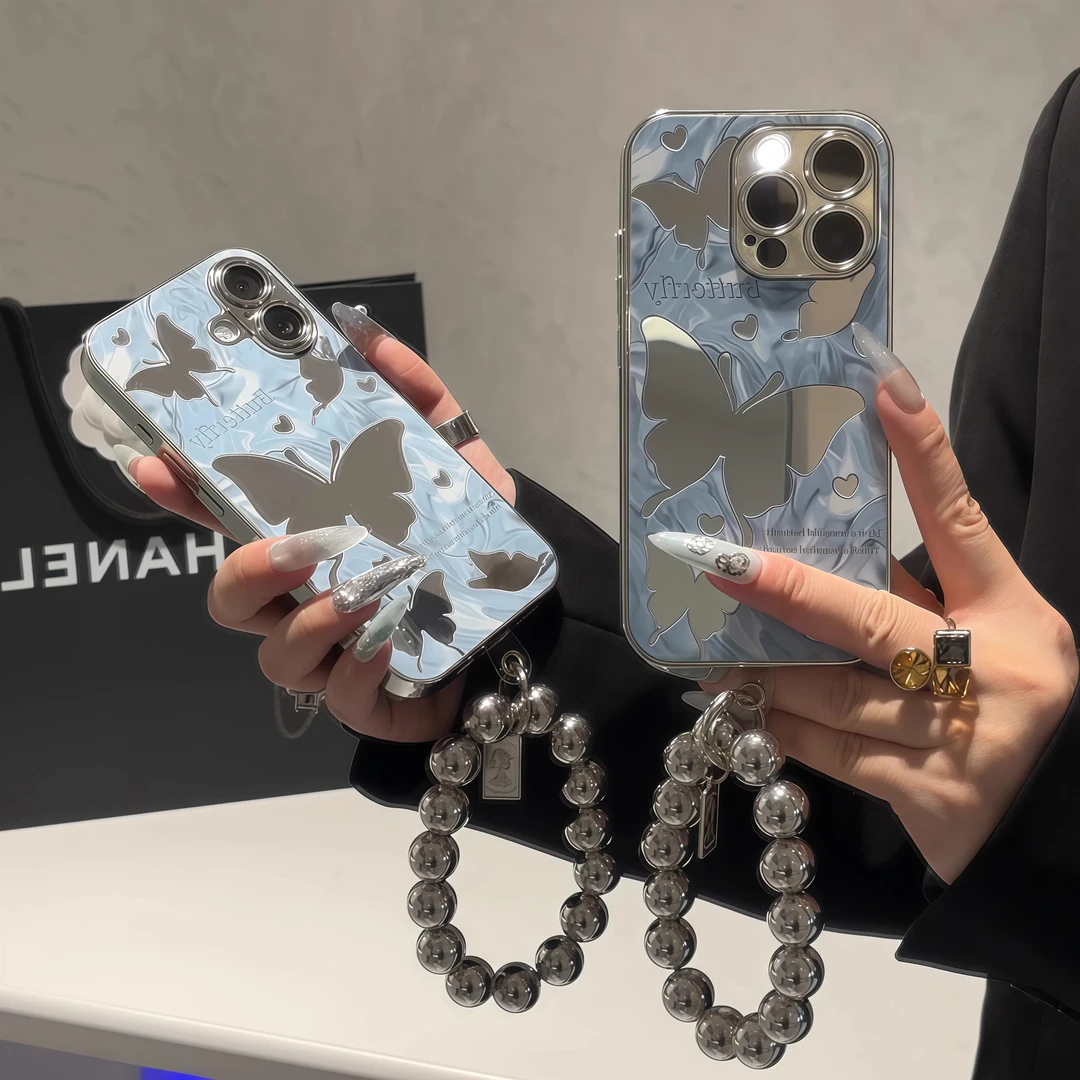镜面蝴蝶女款适用iPhone15苹果13手机壳16promax电镀14小众12创意