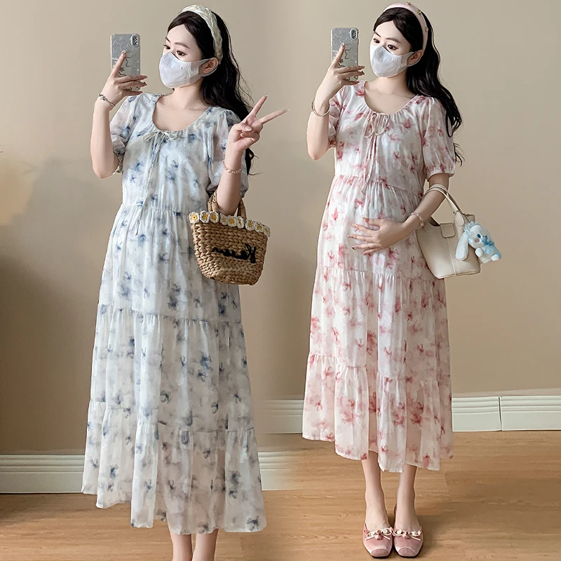 孕妇装2025极简风圆领高腰长裙印花A字连衣裙夏装中长款气质温柔