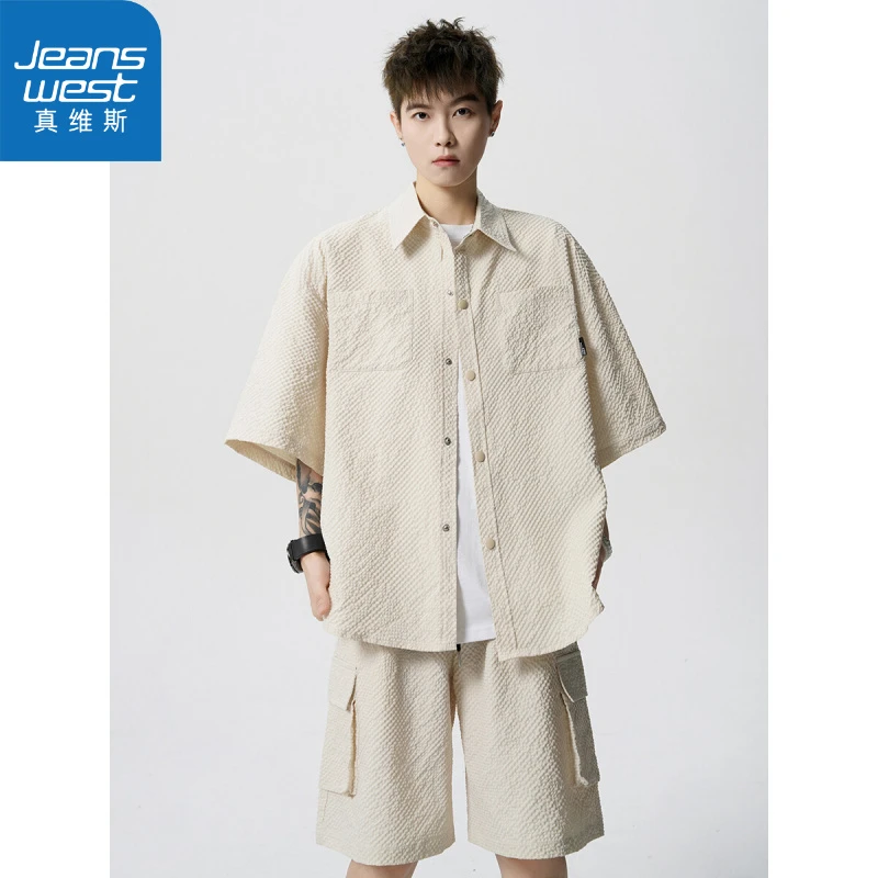 真维斯华夫格短袖衬衫男士夏季薄款大码男装日系潮牌宽松休闲潮流