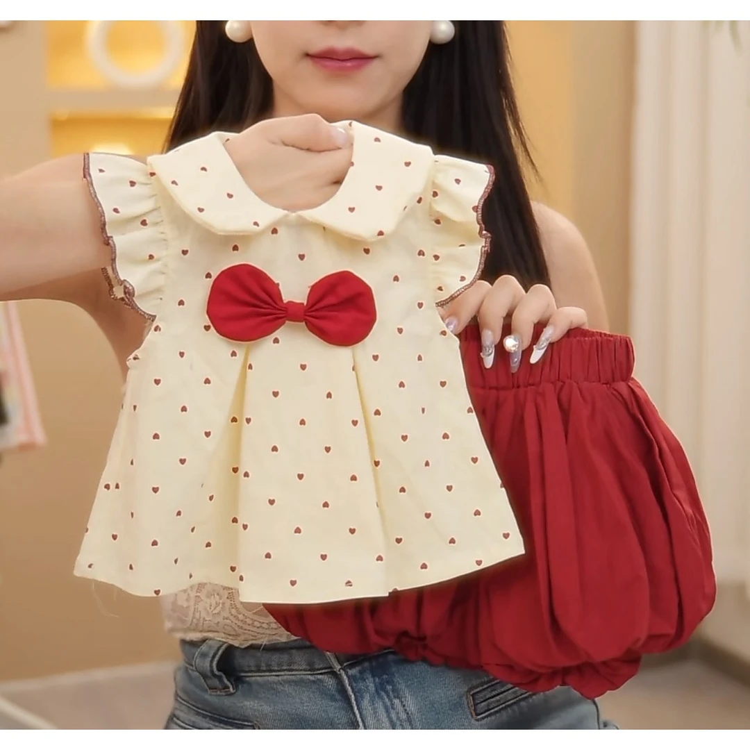 【小礼物】夏款蝴蝶结波点公主儿童外出服夏季套装