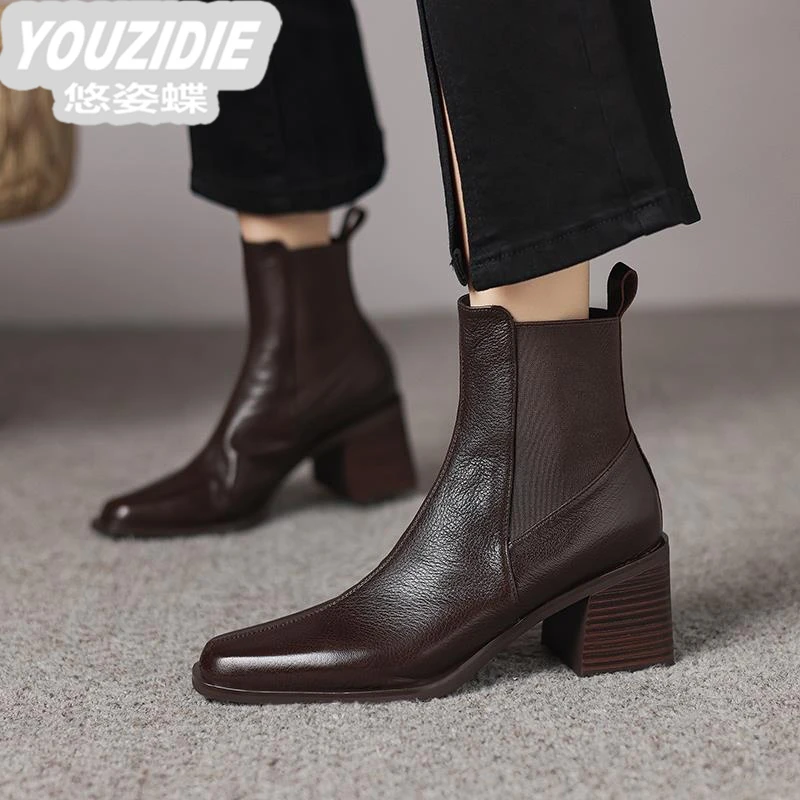 YOUZIDIE小羊皮高跟粗跟方头短靴子女2025秋冬棕色切尔西靴大尺码