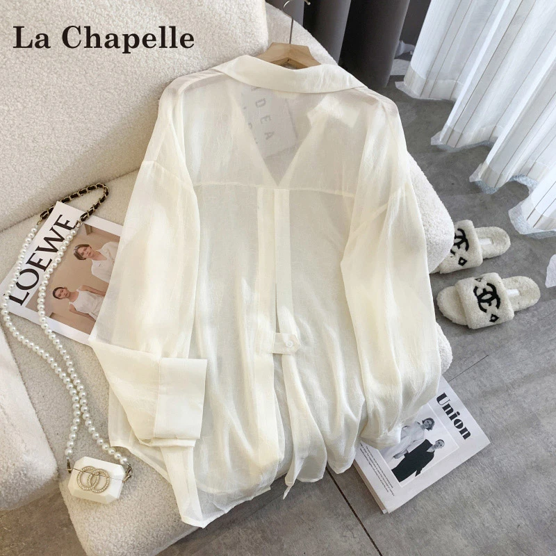 拉夏贝尔白色雪纺长袖防晒衬衫女2025夏季新款轻薄小个子宽松上衣