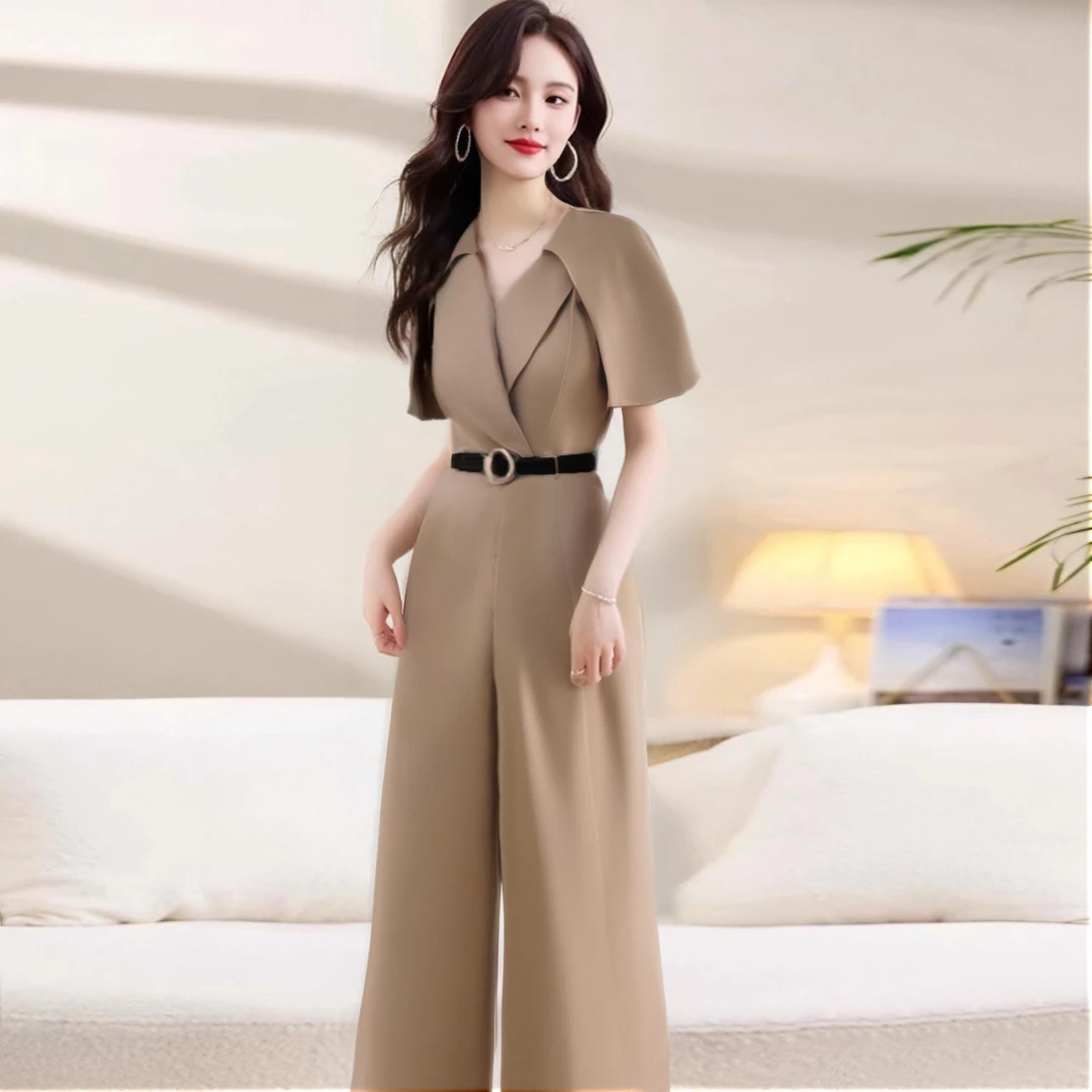 【送腰带】2025夏季高级感通勤阔腿裤斗篷拼接高腰显瘦连体裤D1307