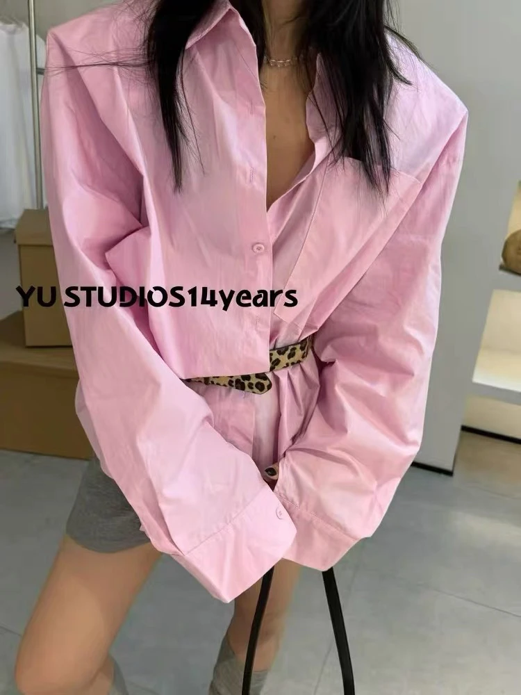 新款韩版宽松显瘦百搭粉色长袖衬衫女慵懒风上衣潮