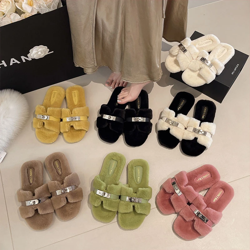 法式绝美金属扣毛毛拖鞋女外穿2025秋冬新款时尚高级感平底棉拖鞋